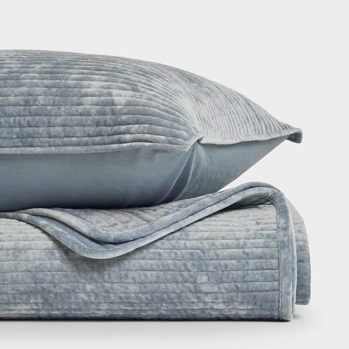 Striped Channel Velvet Quilt Set, King Size, Blue Linen | Luxurious Soft Lightweight Velvet Comforter, Oversized Bedspread Coverlet, Quilted Bedding Set for All Season, with 2 Shams