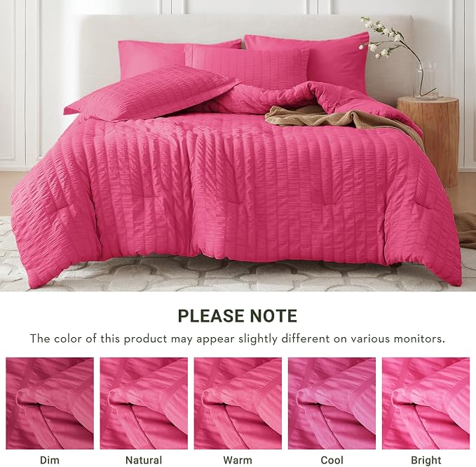7 Pieces King Comforter Set, Seersucker Bed in a Bag King Size, All Season Luxury Bedding Set with Comforter, Flat Sheet, Fitted Sheet, Pillowcases & Shams, Hot Pink