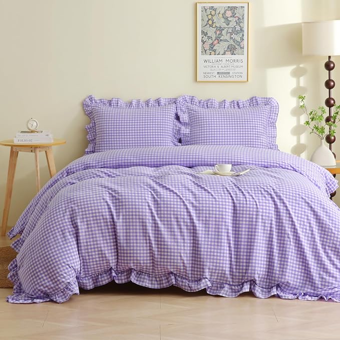 Silnuo Purple/White Gingham Ruffle 3-Piece Duvet Cover Set King Size | 100% Washed Cotton Shabby Checkered Plaid Bedding Set Farmhouse Comforter Set(King,Purple/White)