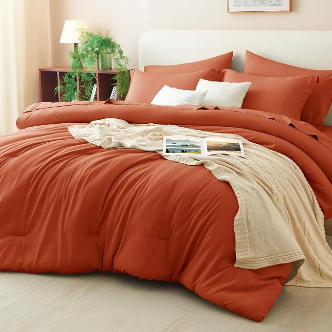 King Size Comforter Set Terracotta, 7 Pieces Bed in a Bag | OEKO-TEX Certified, All-Season, Bedroom, 240GSM Down Alternative Comforter, Flat & Fitted Sheets, 2 Pillowcases & 2 Shams
