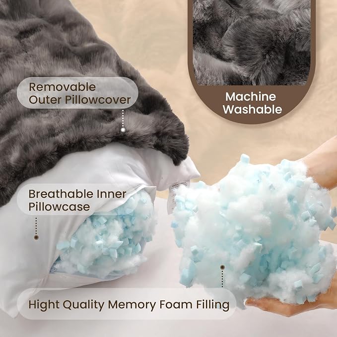 ZonLi Fluffy Body Pillow for Adults, Fuzzy Faux Fur Long Pillow with Shredded Memory Foam, Adjustable Support for Side Sleepers, Gifts, 20 x 54 Inch, Dark Grey