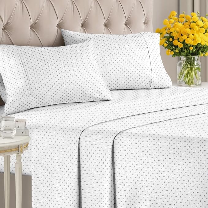 Cal King 4 Piece Floral Sheet Set - Soft, Breathable & Cooling - Diamond | 1 Flat, 1 Fitted & 2 Pillowcases w/ Deep Pockets, Boho Botanical Floral Bedding, Breathable & Cooling, Wrinkle & Fade Free