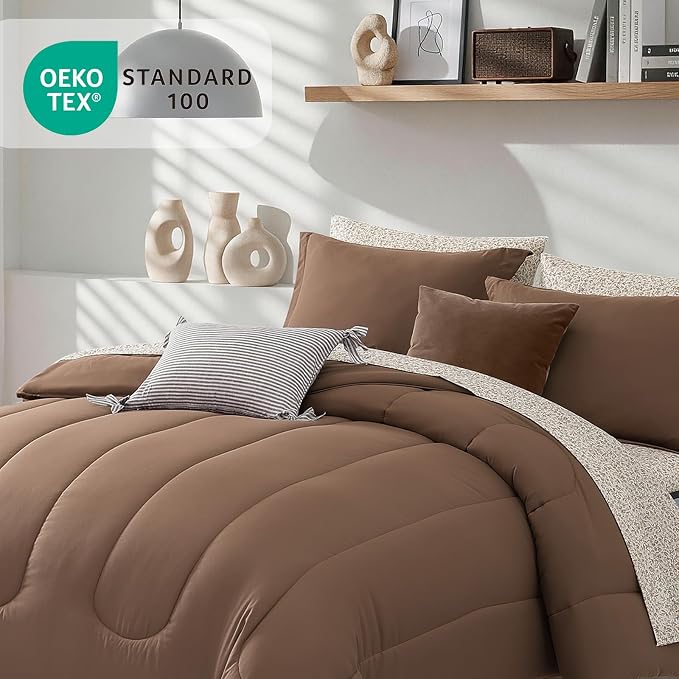 Monbix Full Size Comforter Sets - 7 Pieces Bed in a Bag Full Bedding Set | All Season Brown Lightweight Comforter Bed Set with Printed Sheets, Pillowcases & Shams