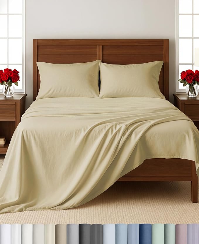 California Design Den 100% Cotton Sateen Full Size Sheets Set,Butter Almond | 500 Thread Count Backed by Good Housekeeping Seal, 16" Deep Pocket, All-Around Elastic, Durable, Easy Care - Butter Almond