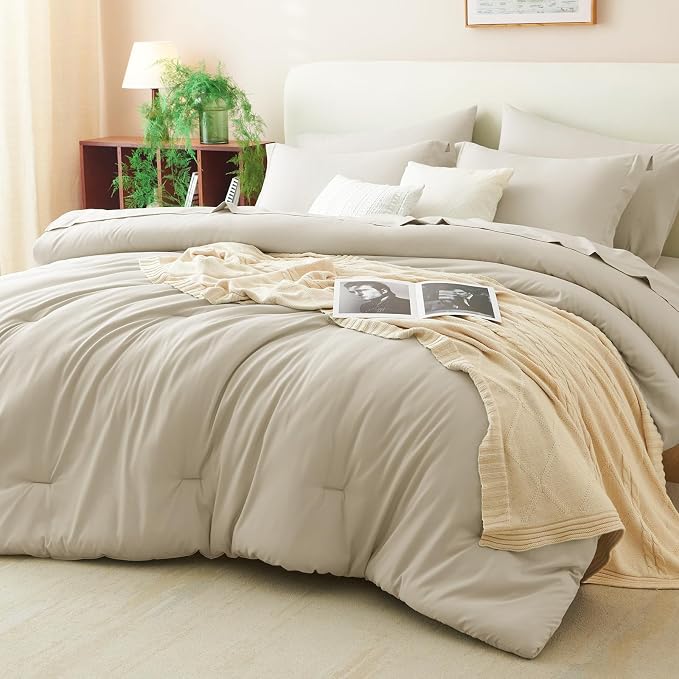 Full Size Comforter Set Oatmeal, 7 Pieces Bed in a Bag | OEKO-TEX Certified, All-Season, Bedroom, 240GSM Down Alternative Comforter, Flat & Fitted Sheets, 2 Pillowcases & 2 Shams