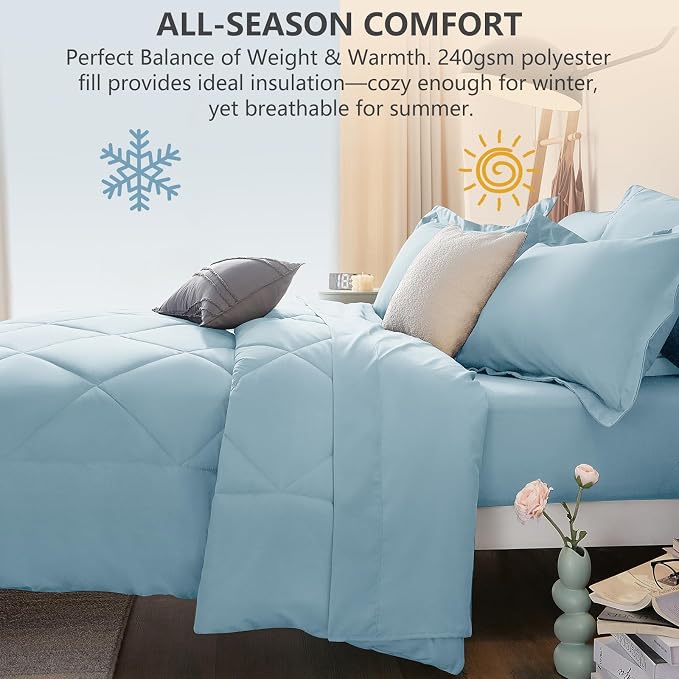 Full Size Comforter Sets Light Blue - 7 Pieces Complete Bedding Set | OEKO-TEX Certified, All Season, 240GSM Down-Alternative Comforter, Sheets, Pillowcases & Shams, 14" Deep Pocket, Easy Care