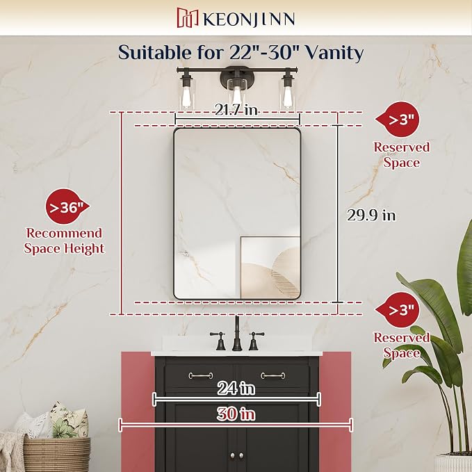 Keonjinn 22 x 30 Inch Black Vanity Mirror, Aluminum Frame Bathroom Mirror | Tempered Glass with Clear Reflection, Matte Black Sandblasted Finish, Anti-Rust, Seamless Aluminum Frame, Rounded Rectangle