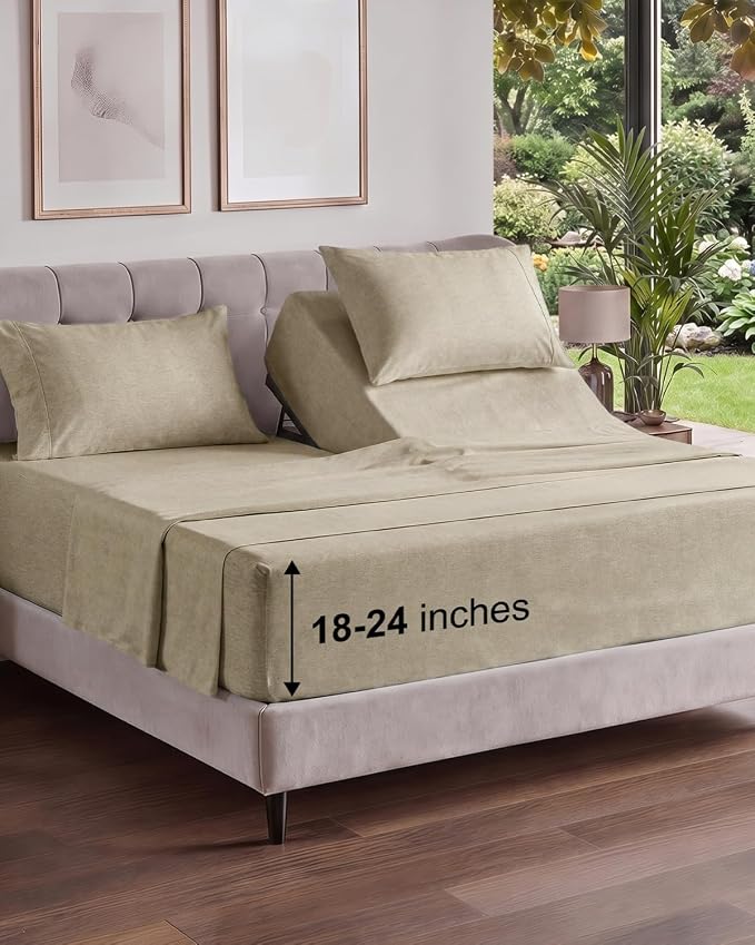Flex Top Split Head King Sheet Set - 4 Piece Extra Deep - Heathered Beige | Easily Fits 18 to 24 inch Mattress, Ultra Soft, Wrinkle & Fade Free with Extra Deep Pockets, Comfy Hotel Luxury Bedding