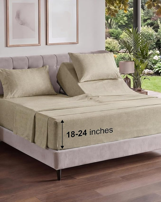 Flex Top Split Head King Sheet Set - 4 Piece Extra Deep - Heathered Beige | Easily Fits 18 to 24 inch Mattress, Ultra Soft, Wrinkle & Fade Free with Extra Deep Pockets, Comfy Hotel Luxury Bedding