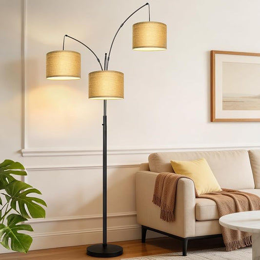 Nintiue Dimmable Floor Lamp - 3 Lights Gold Arc Floor Lamps for Living Room, 1000LM Modern Tall Standing Lamp with Black Shades&Heavy Base,3 LED Bulbs Included-Champagne