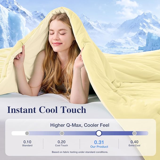 Cooling Queen Comforter Set, Lightweight Summer Comforter for Hot Sleeper, Reversible Bedding with ICY Cooling Surface, Includes 1 Comforter (90"x90") and 2 Shams (20"x 26"), Cream Yellow