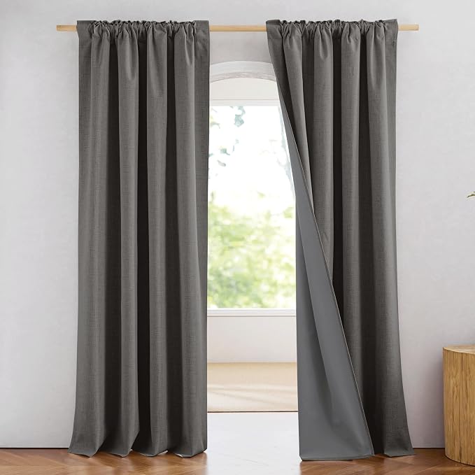 NICETOWN 100% Blackout Linen Curtains 84 inch Long 2 Panels, Grizzle Gray | Back Tab Cozy Bedroom Curtains for Daytime Sleep, Noise Reducing, Privacy Protection, Energy Saving, W52" x L84" per Panel