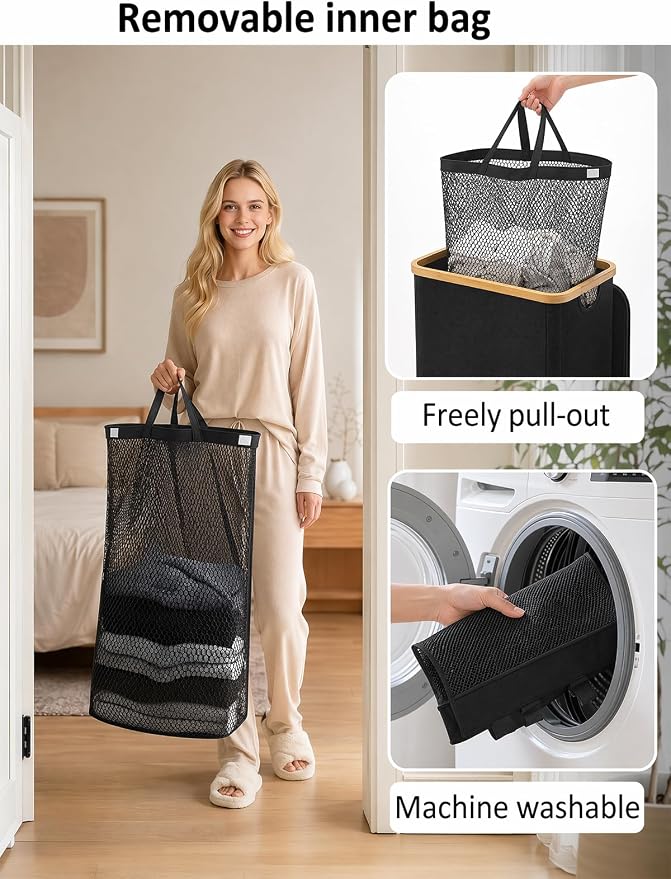 IEGrow Laundry Hamper with Lid,110L Laundry Basket with 2 Mesh Bags,Black | Dirty Clothes Hamper Basket with Bamboo Handle for Clothes Towels
