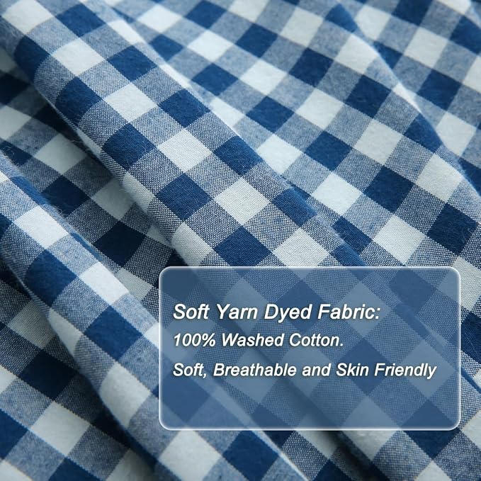 Silnuo Navy Blue/White Gingham Ruffle 3-Piece Duvet Cover Set Full Size | 100% Washed Cotton Shabby Plaid Checkered Bedding Set Vintage Comforter Cover Set