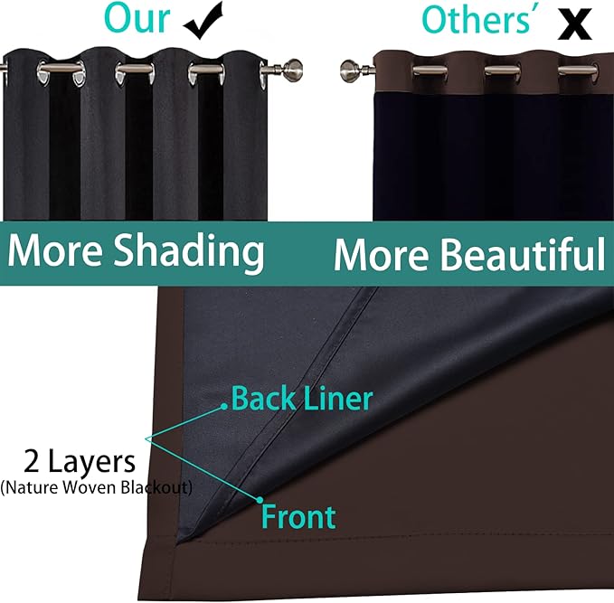 Yakamok Chocolate Brown Blackout Curtains 72 Inches Long 52" Wide, 2 Panels | Blackout Curtain Panels for Bedroom, 2 Thick Layers Grommet Top Thermal Insulated Drapes with Black Liner for Living Room