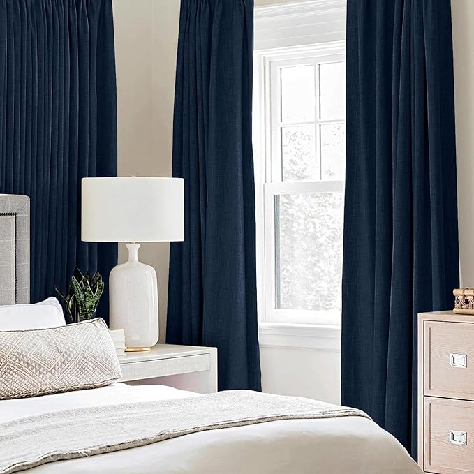 MIULEE 100% Blackout Linen Curtains for Bedroom 52x108 Inches Midnight Blue | Room Darkening, Light Blocking, Thermal Insulated, Grommet Top, Linen Textured, Window Curtains for Living Room, 2 Panels