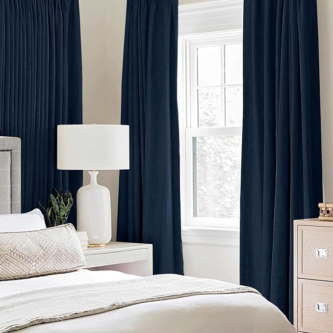 MIULEE 100% Blackout Linen Curtains for Bedroom 52x45 Inches Midnight Blue | Room Darkening, Light Blocking, Thermal Insulated, Grommet Top, Linen Textured, Window Curtains for Living Room, 2 Panels