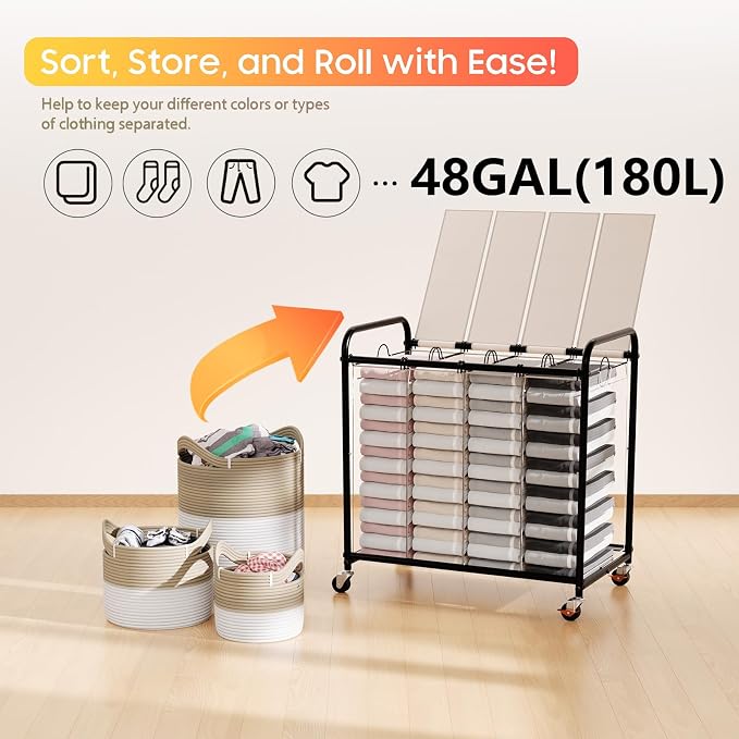 Laundry Sorter 4 Sections 48 Gal, Rolling Laundry Basket with Wheels ＆ Lid | Laundry Hamper, 4 Separated Removable Bags, Lockable Wheels, Dirty Clothes Hamper for Laundry Room Organizer, White