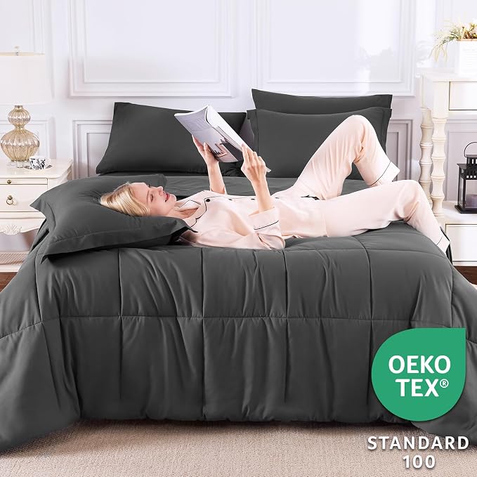 Queen Comforter Set, 7-Piece Bed in a Bag, Dark Grey | OEKO-TEX Certified, Box-Stitched Design, 240 GSM Down Alternative Fill, All-Season Comfort, Sheets, Pillowcases & Shams