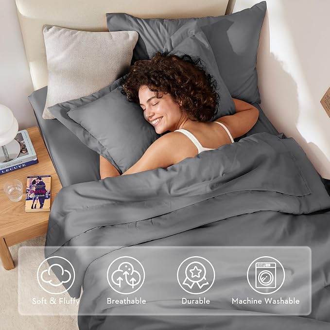 5 Pieces Twin XL Comforter Set, Soft Bed in a Bag Twin XL Size, All Season Bedding Set with Comforter, Flat Sheet, Fitted Sheet, Pillowcases & Shams, Dark Grey