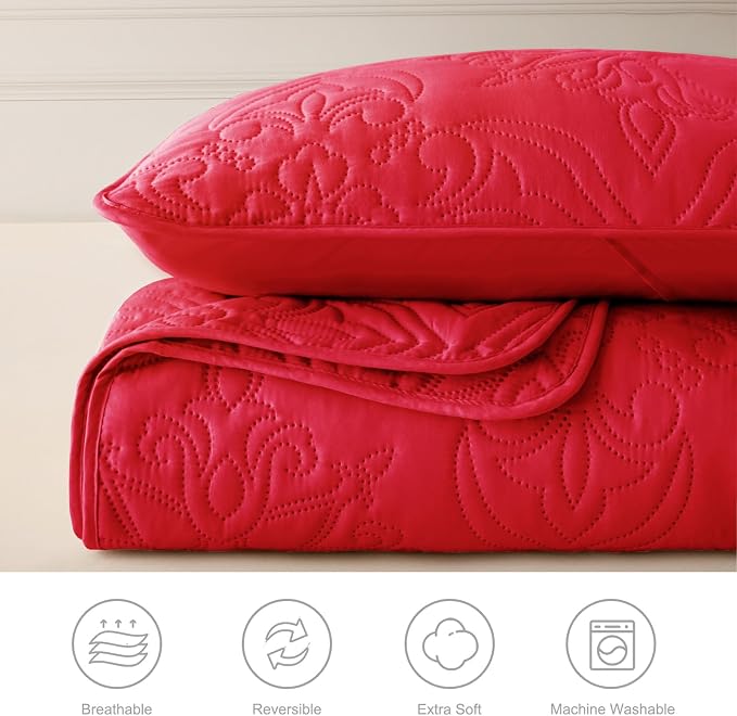 Whale Flotilla King Quilt Bedding Set Vintage Damask Reversible Bedspread | Suitable for Bed, 3 Pieces Red Lightweight Breathable Quilt King Size, Ultrasonic Coverlet Bed Cover with 2 Pillow Shams