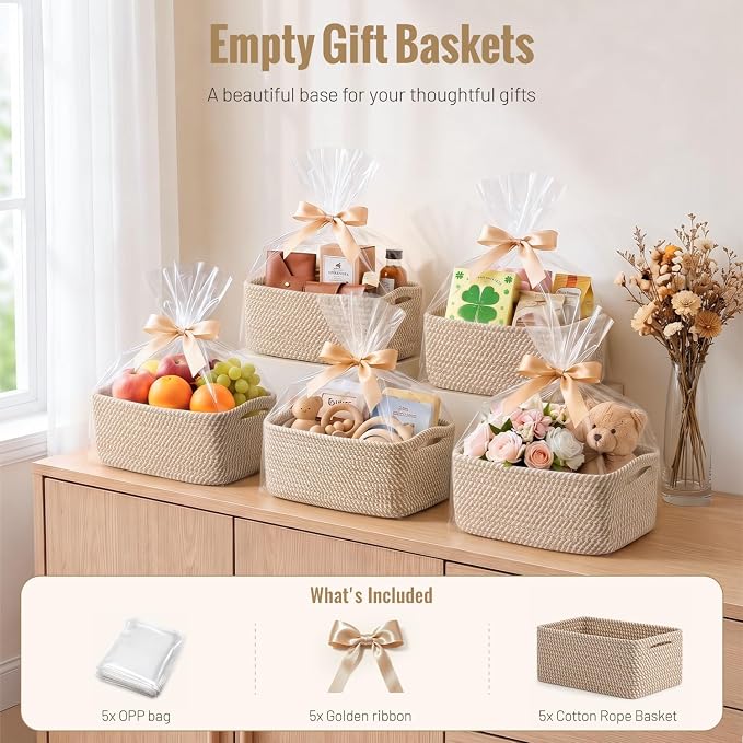 5 Pack Small Woven Storage Baskets for Shelves, Gift Baskets Empty | 11.8"x7.9"x4.7", Decorative Cotton Rope Baskets Organizer, Soft Storage Bins for Organizing Bathroom, Closet, Nursery, Khaki