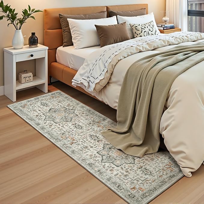 Washable 2x6 Runner Rug for Hallway Entryway, Non Slip Kitchen Area Rugs Indoor Mat for Bedroom Bathroom Laundry Farmhouse, Soft Vintage Floor Carpet Stain Resistant Low Pile, Grey/Brown