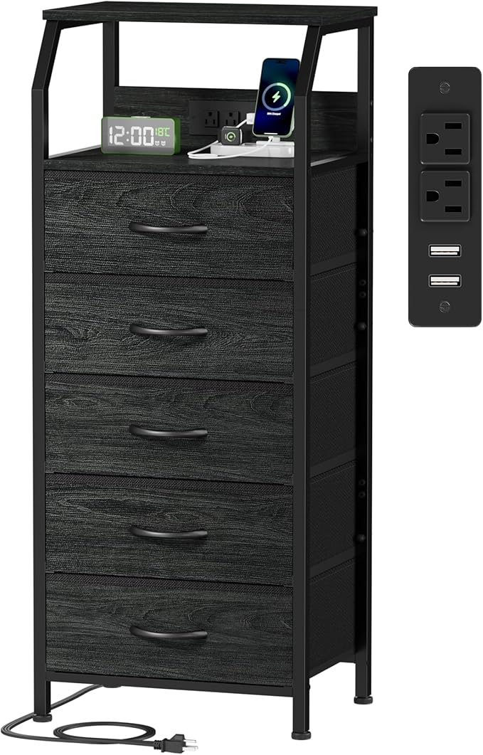 Furnulem 5 Drawers Dresser with Charging Station, Tall Black Nightstand | Tall Dorm Nightstand, Fabric Chest of Drawers with Open Shelf, Bedside Table for Closet, Dresser for Bedroom, 3 Ways to Use