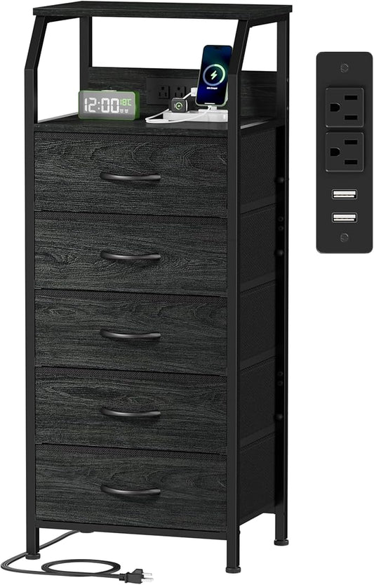 Furnulem 5 Drawers Dresser with Charging Station, Tall Black Nightstand | Tall Dorm Nightstand, Fabric Chest of Drawers with Open Shelf, Bedside Table for Closet, Dresser for Bedroom, 3 Ways to Use