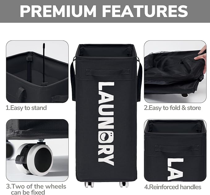 Goodpick 2-Pack Rolling Dirty Clothes Hamper with Wash Bag for Laundry, 75L | Large Black Laundry Basket with Wheels and Handles for Dorm Laundry Room, Rolling Laundry Basket