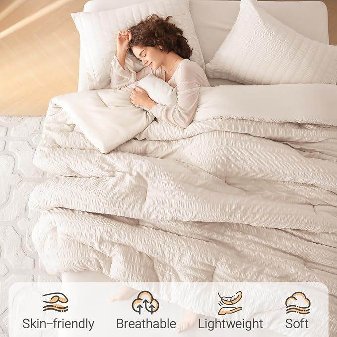 7 Pieces Oversized Queen Comforter Set, Seersucker Bed in a Bag Oversized Queen Size, All Season Luxury Bedding Set with Comforter, Flat Sheet, Fitted Sheet, Pillowcases & Shams, Beige
