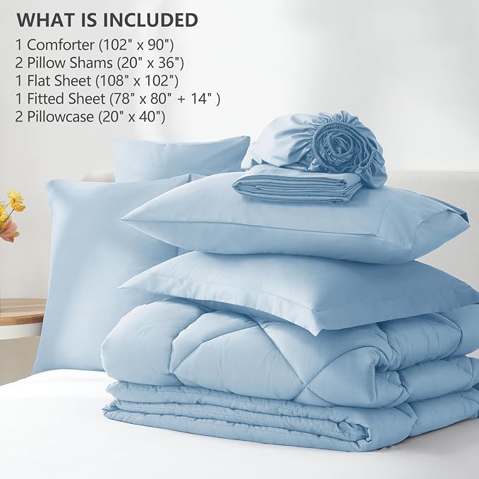 King Size Comforter Set Baby Blue - 7 Pieces Complete Bedding Set | OEKO-TEX Certified, All Season, 240GSM Down-Alternative Comforter, Sheets, Pillowcases & Shams, 14" Deep Pocket, Easy Care