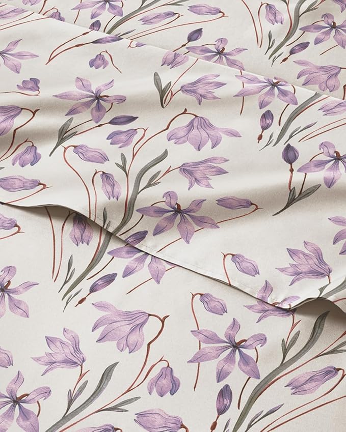 Twin XL 3 Piece Boho Botanical Floral Sheet Set - Soft & Cooling - Iris | 1 Flat, 1 Fitted & 1 Pillowcase w/ Deep Pockets, Boho Botanical Floral Bedding, Breathable & Cooling, Wrinkle & Fade Free