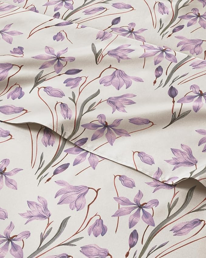 Split King 5 Piece Floral Sheet Set - Soft, Breathable & Cooling - Iris | 1 Flat, 2 Fitted & 2 Pillowcases w/ Deep Pockets, Boho Botanical Floral Bedding, Breathable & Cooling, Wrinkle & Fade Free
