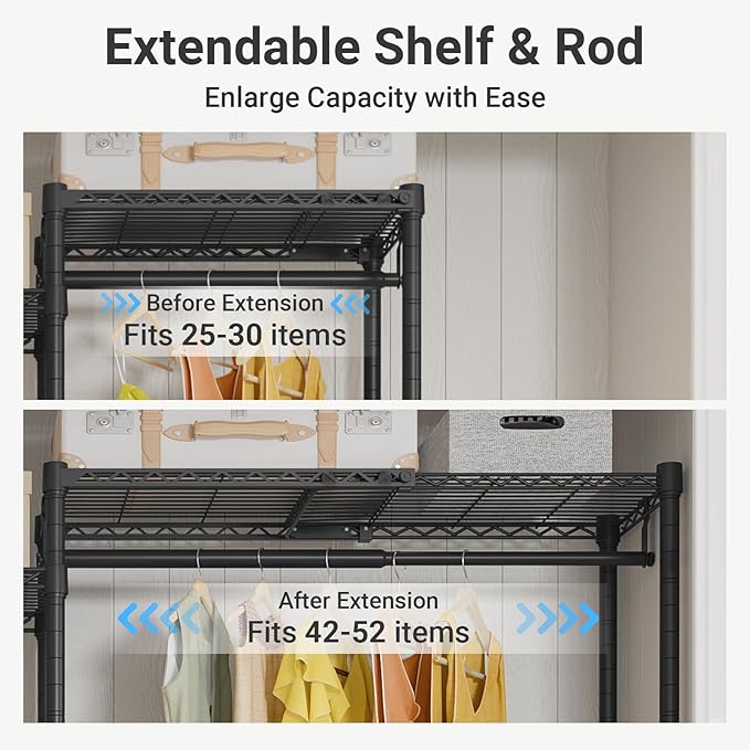 VIPEK X3 Expandable Heavy Duty Clothes Rack Closet Organizer System Black | Large Freestanding Clothing Rack with Adjustable Shelves and Hanger Rods from 5'2" to 8', Reach-in & Walk-in Closet 1210LBS