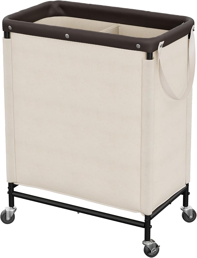 StorageWorks 2 Section Laundry Hamper, 100L Beige Sorter Cart with Wheels | Laundry Basket with Handles, Beige Sorter Cart for Bedroom, Bathroom, Apartment, Dorm