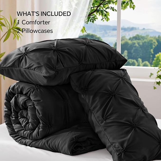 BEDELITE King Comforter Set Black,Lightweight & Soft Comforter | Pintuck Boho Bedding, Warm & Cute Bed Set for All Season,With 2 Pillowcases