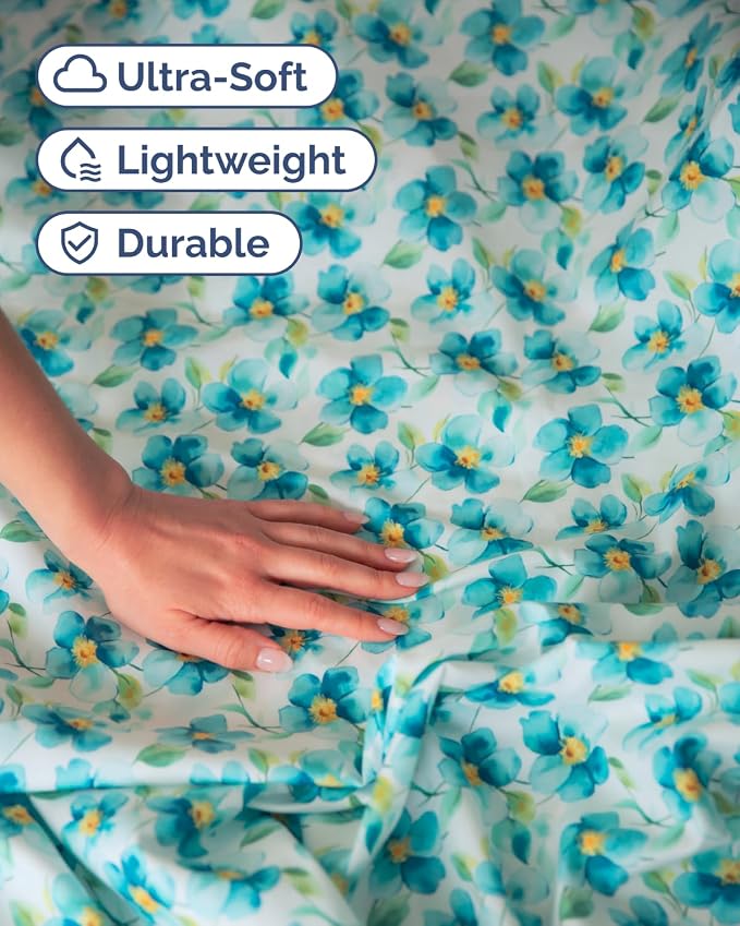 Full 4 Piece Floral Sheet Set - Breathable & Cooling - Blue Meadow Bloom | 1 Flat, 1 Fitted & 2 Pillowcases w/ Deep Pockets, Boho Botanical Floral Bedding, Breathable & Cooling, Wrinkle & Fade Free