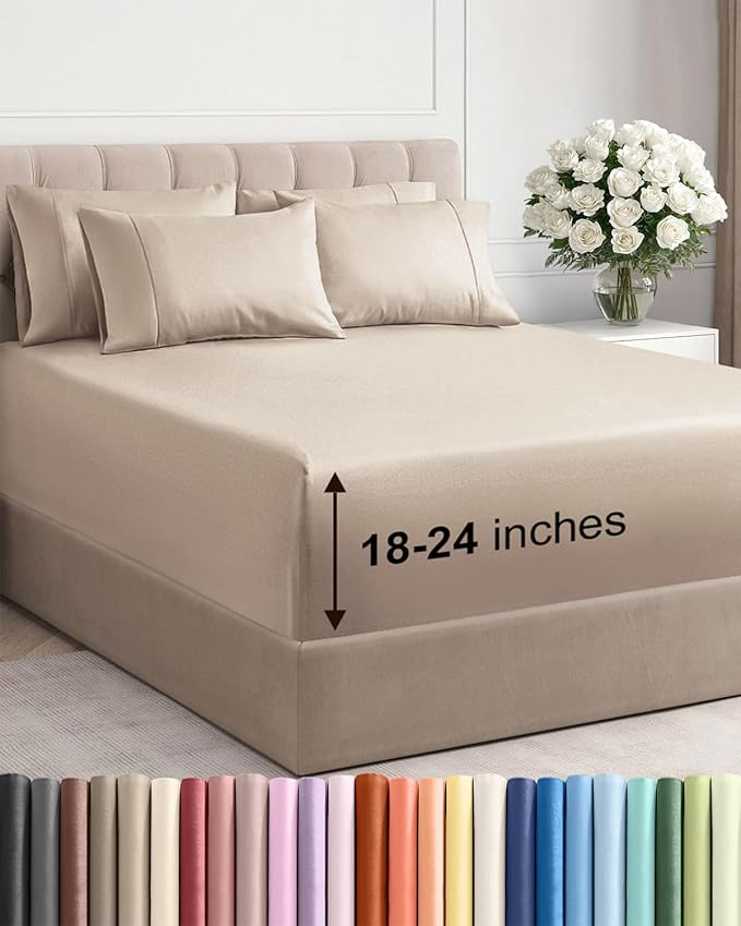 Extra Deep Cal King Sheet Set - 6 Piece Breathable & Cooling Sheets - Wheat | Hotel Luxury Bed Sheets Set, Easy & Secure Fit, Ultra-Soft, Wrinkle & Fade Free, Comfy Sheets Set with Extra Deep Pockets