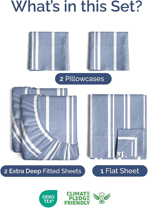 Extra Deep Split King Sheet Set - 5 Piece Breathable Cooling - Blue Stripes | Easily Fits 18 to 24 inch Mattress - Ultra Soft, Wrinkle & Fade Free with Extra Deep Pockets - Comfy Hotel Luxury Bedding