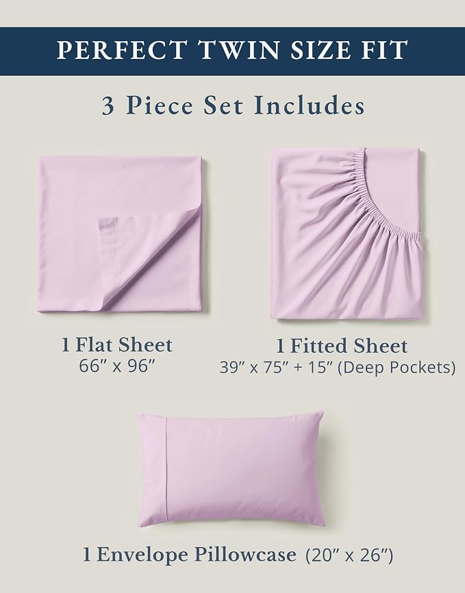 LANE LINEN Twin Sheets 100% Organic Cotton 3pc Percale Soft - Orchid Petal | Twin Sheets In Organic Cotton Percale - Breathable For Year-Round Sleep, Best-Value Organic Cotton, Affordable Organic Luxury
