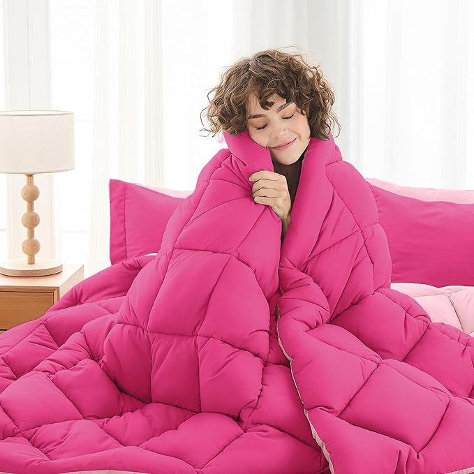 5 Pieces Twin Comforter Set, Reversible Bed in a Bag Twin Size, All Season Bedding Set with Comforter, Flat Sheet, Fitted Sheet, Pillowcases & Shams, Hot Pink & Baby Pink