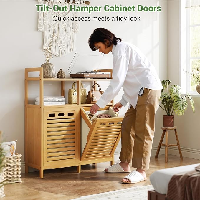 Homykic Tilt Out Laundry Hamper Cabinet, Bamboo Laundry Basket Organizer | 20 Gal Laundry Sorter with 2 Removable Liner Bags, Hidden Clothes Hamper with Shelf for Laundry Room, Bathroom, Closet