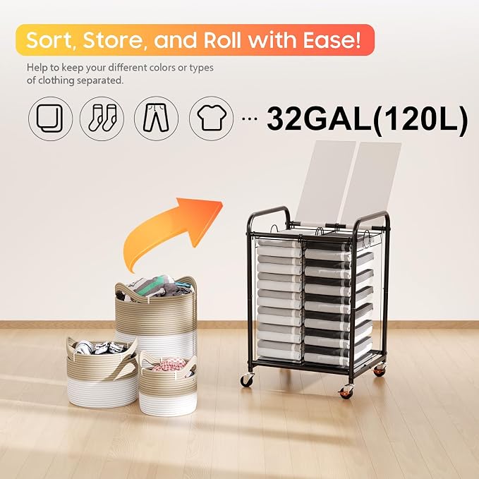 120L Laundry Sorter 2 Section, Rolling Laundry Basket with Wheels ＆ Lid | 31.7 Gal Laundry Hamper, 2 Separated Removable Bags, Lockable Wheels, Dirty Clothes Hamper for Laundry Room, Bedroom, White