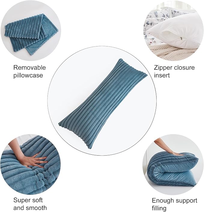 Full Body Pillow with Fluffy Stripe Faux Fur Removable Cover, Long Bed Pillow Adult 20x54 Inches for Side Sleeper and Pregnancy, Dusty Blue.