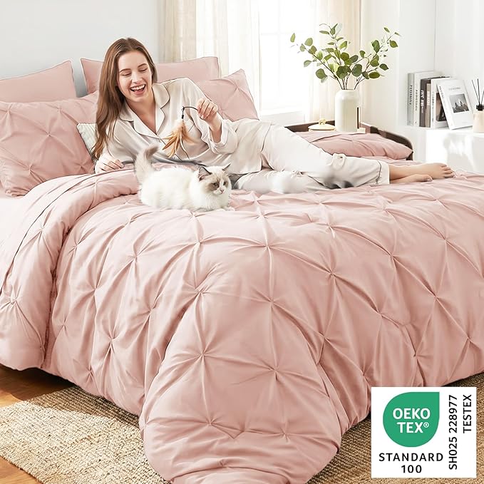 Oversized King Comforter Set Peach Pink, 7 Pieces Bed in a Bag | OEKO-TEX 100 Certified, 240GSM All Season, Bedroom, Guest Room, Down-Alternative Comforter, Sheets, Pillowcases & Shams