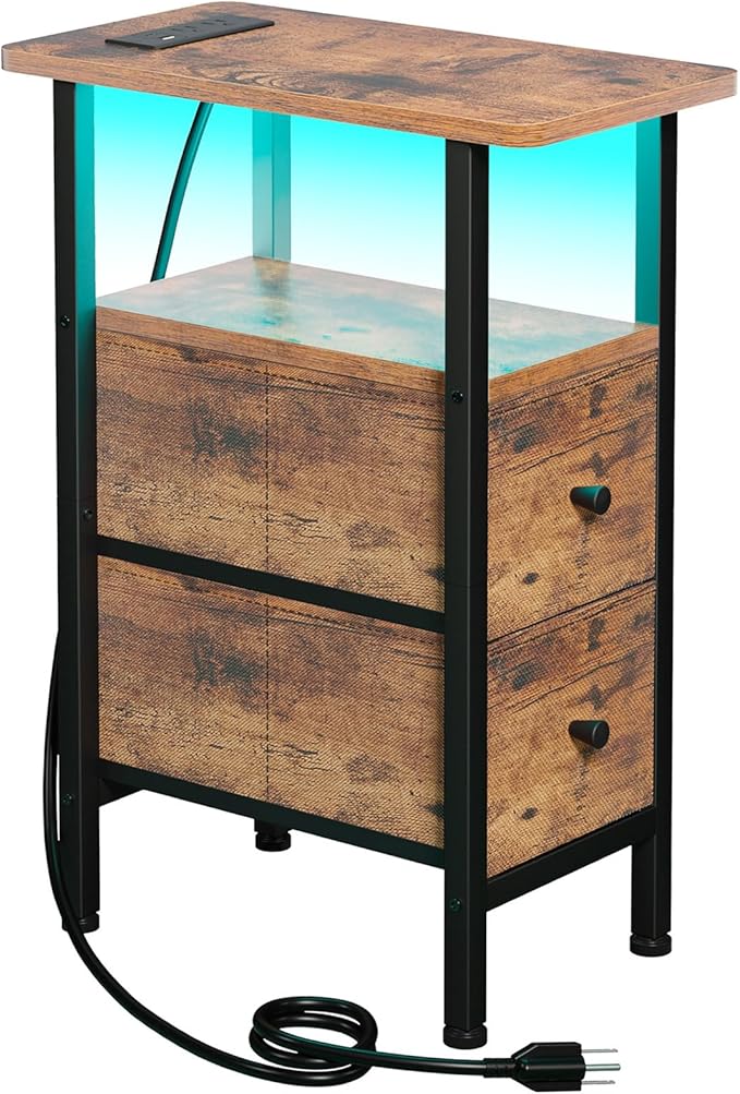 LOAKEKEL Narrow End Table with Charging Station, Small Nightstand | Skinny Side Tables Living Room with 2 Fabric Drawers, Slim Bedside Table with LED Lights for Bedroom, Small Spaces, Brown