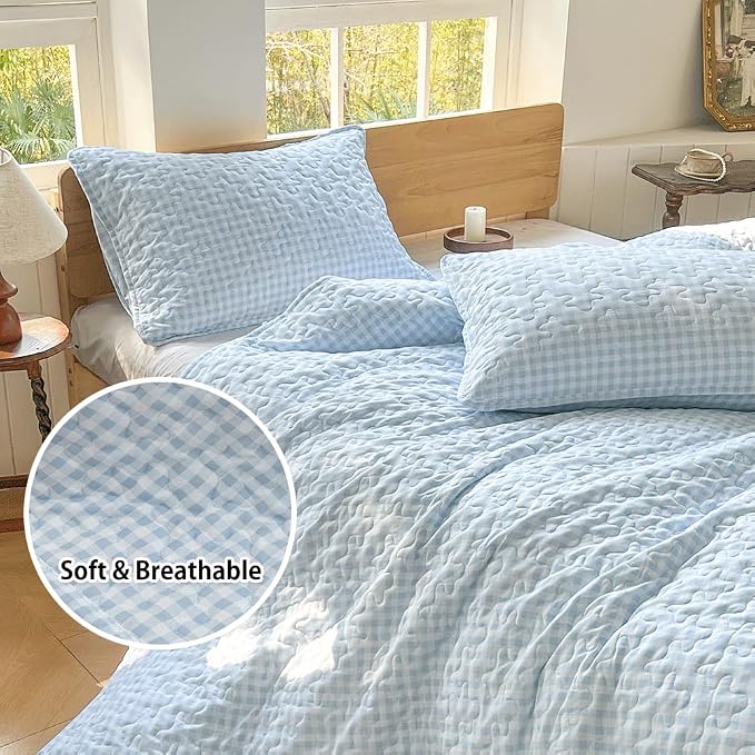 NSNLGSGC Light Blue Gingham King Summer Bedspread Quilt Set | Pre-washed Microfiber,Lightweight Checked Grid Bedding Coverlets for All Seasons