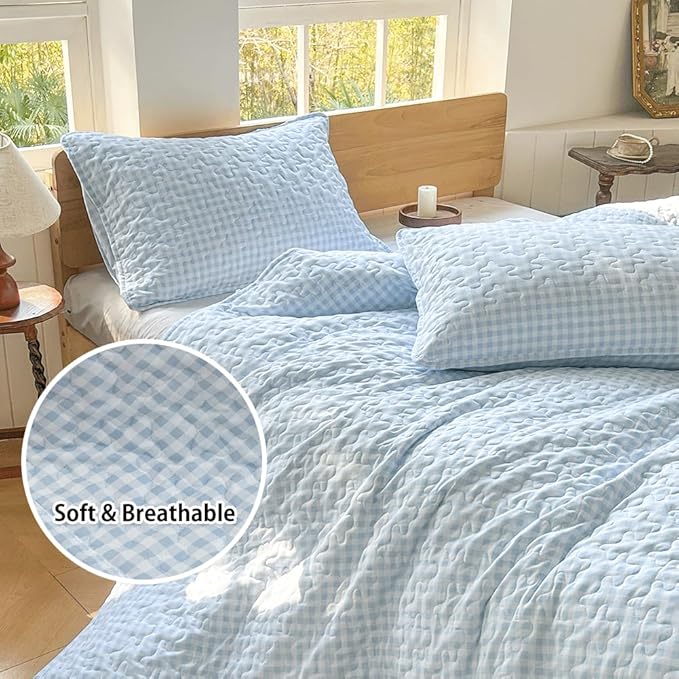 NSNLGSGC Light Blue Gingham Queen Summer Bedspread Quilt Set | Pre-washed Microfiber,Lightweight Checked Grid Bedding Coverlets for All Seasons