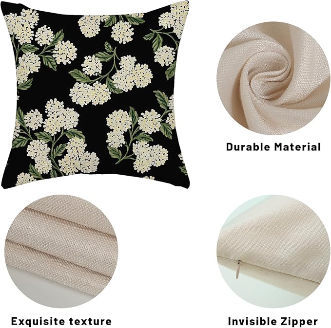 Black Spring Pillow Covers 22x22 Inch 2 Pcs Green Hydrangea Flower Decor Throw Pillows Vintage Floral Seasonal Summer Outdoor Decoration Pillowcase Linen Cushion Cover for Couch Sofa